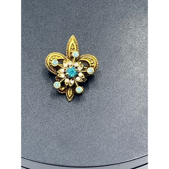 CORO Vintage Fleur-de-Lis Brooch Gold Tone Turquoise Rhinestone Flower Pin - Picture 5 of 6